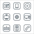 Hardware and gadgets line icons. linear set. quality vector line set such as telephone, webcam, computer keyboard, desktop Royalty Free Stock Photo