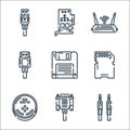 hardware line icons. linear set. quality vector line set such as audio jack, vga cable, cmos, sd card, diskette, hdmi cable,