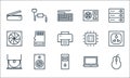Hardware line icons. linear set. quality vector line set such as mouse, pc tower, cd player, laptop, speaker, cooler, processor,