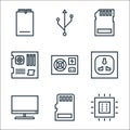 Hardware line icons. linear set. quality vector line set such as processor, monitor, electric socket, power supply, mainboard, usb