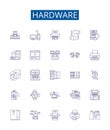 Hardware line icons signs set. Design collection of Hardware, Components, Devices, CPUs, Motherboards, RAM, GPU, BIOS