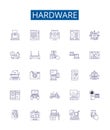 Hardware line icons signs set. Design collection of Hardware, Components, Devices, CPUs, Motherboards, RAM, GPU, BIOS