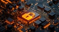 Hardware lock, computer security and encryption concepts with lock pad on micro chip on motherboard