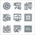 hardware network line icons. linear set. quality vector line set such as chip, videocamera, camera, processor, computer screen,