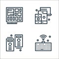 hardware network line icons. linear set. quality vector line set such as wireless keyboard, cpu tower, platform