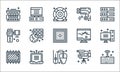 hardware network line icons. linear set. quality vector line set such as wireless keyboard, mouse, chip, video camera, laptop, Royalty Free Stock Photo