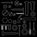 Hardware screws and nails with tools outline symbols eps10