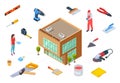 Hardware store concept. Construction supplies isometric collection. Vector 3D store building supplies tools for