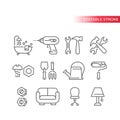 Hardware store, home improvement shop or DIY thin line icon set.