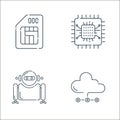 hardware and technology line icons. linear set. quality vector line set such as cloud sharing, robot, chipset Royalty Free Stock Photo