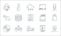 hardware and technology line icons. linear set. quality vector line set such as webcam, video projector, dvd, mp player, joystick Royalty Free Stock Photo