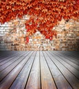 Hardwood floors with brick wall on background covered with red i