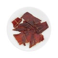 Hardwood smoked beef jerky on a white plate Royalty Free Stock Photo