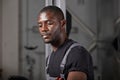 Hardworking black auto mechanic cleaning car surface