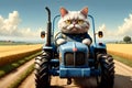 hardworking cat driving a tractor in the field, tractor driver