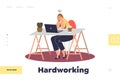 Hardworking concept of landing page with stressed young female worker workaholic Royalty Free Stock Photo