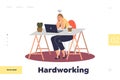 Hardworking concept of landing page with stressed young female worker workaholic