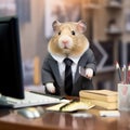 Hardworking hamster in business suit at work in the office with its computer and mobile. Realistic generative AI illustration