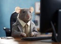 Hardworking rat wearing suit working on its computer at office. Realistic generative AI illustration