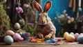 hare with a brush covered in paint paints an Easter eggs