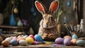 hare with a brush covered in paint paints an Easter eggs