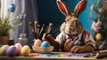 hare with a brush covered in paint paints an Easter eggs