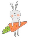A big eared cartoon hare in a very depressed mood as he holds a fresh orange carrot vector color drawing or illustration