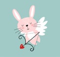 Hare cupid, cute rabbit with wings and an arrow with a heart. Romantic flat illustration for Valentine s day, cartoon design