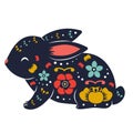 Hare decorated with flowers. Beautiful rabbit bunny in folk style. vector animal Symbol for chinese new year lunar zodiac, Easter