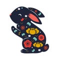 Hare decorated with flowers. Beautiful rabbit bunny in folk style. vector animal Symbol for chinese new year lunar zodiac, Easter