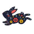 Hare decorated with flowers. Beautiful rabbit bunny in folk style. vector animal Symbol for chinese new year lunar zodiac, Easter