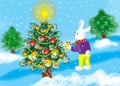 The hare decorates the Christmas tree in winter.