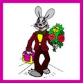 Hare with flowers and with a cake, goes for a birthday, cartoon