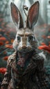 A rabbit in formal attire in a mushroomfilled field Royalty Free Stock Photo