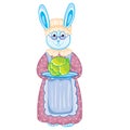 Hare granny in a cap and apron holds a tray with a head of cabbage in his hands, isolated object on a white background, vector