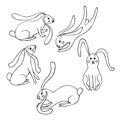 Hare hand drawn ink sketch set. Cute cartoons monochrome art design clip art elements stock vector illustration