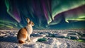 A hare on the ice. Northern lights.