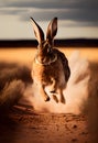 Hare jumping in the desert at sunset. AI Generative