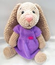 Hare with long ears, hare in a dress, lilac, brown, knitted, manual