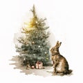 Hare near the decorated New Year tree with gifts. Illustration with oil paints generated AI