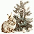 Hare near the decorated New Year tree with gifts. Illustration with oil paints generated AI