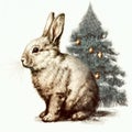 Hare near the decorated New Year tree with gifts. Illustration with oil paints generated AI