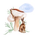 Hare near mushroom green watercolor spot background