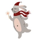 Hare in New Years clothes. Hat and scarf. Cute winter rabbit in cozy clothes. Winter holidays, baby shower, children\'