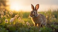Dreamy Sunset: A Cute Rabbit Grazing In A Field