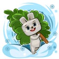 The hare. Rabbit carries a Christmas tree. Cheerful cartoon character. The good-natured animal is preparing for the New