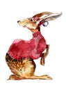 Hare in red sweater watercolor illustration, hand-drawn vintage isolated object on white.