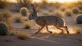 Desert Hare Running at Sunset, Dust and Golden Light Royalty Free Stock Photo