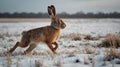 Hare running in the winter field Royalty Free Stock Photo