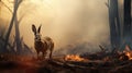 The hare's determination is evident as it bravely bounds through the fiery landscape